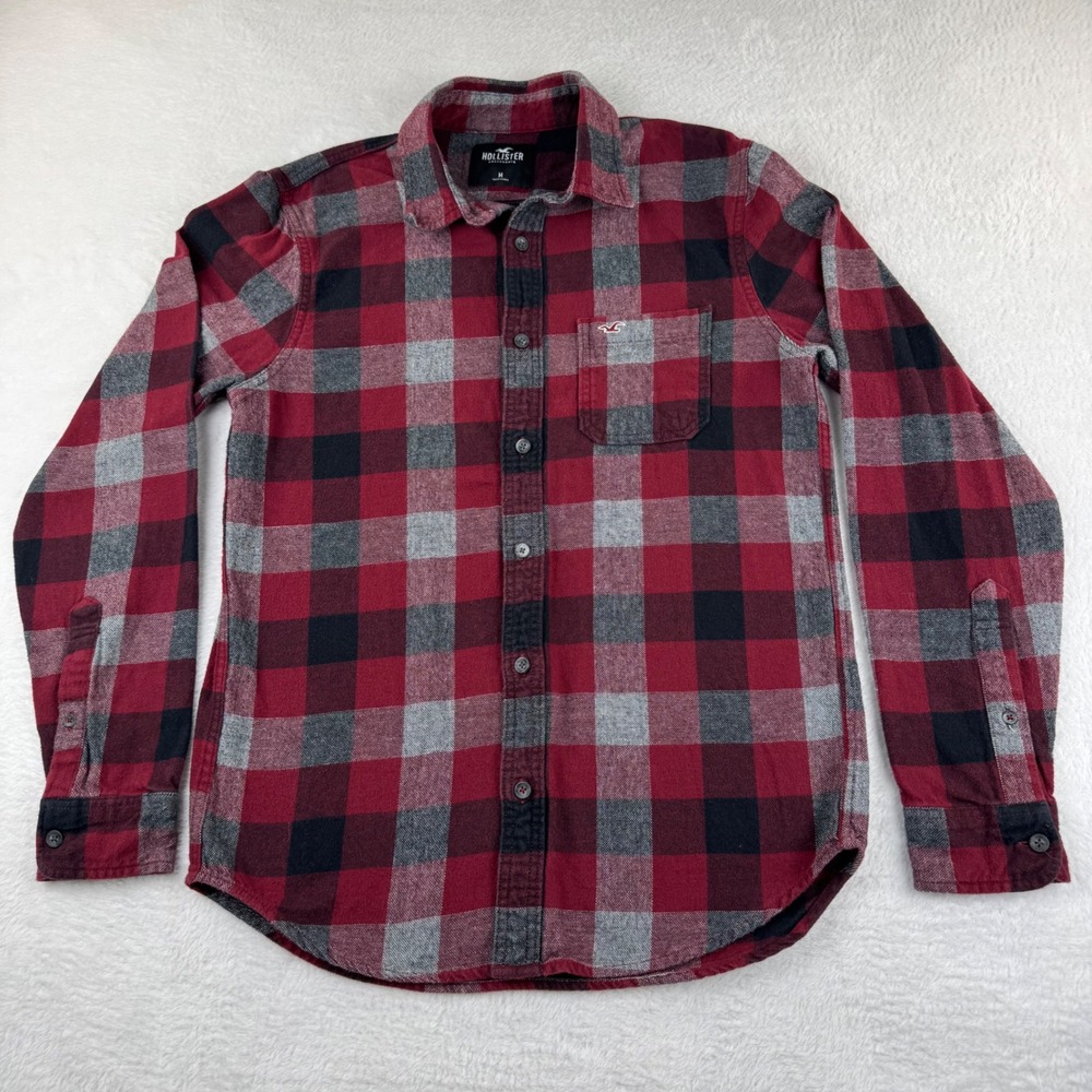 Hollister Flannel Button Down Mens Medium Red Black Grey Plaid Long Sleeve Shirt